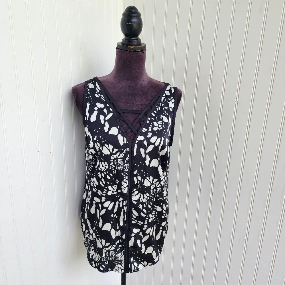 Nicole by Nicole Miller Women’s Black Cream Sleeveless Top Blouse Strap Sz M